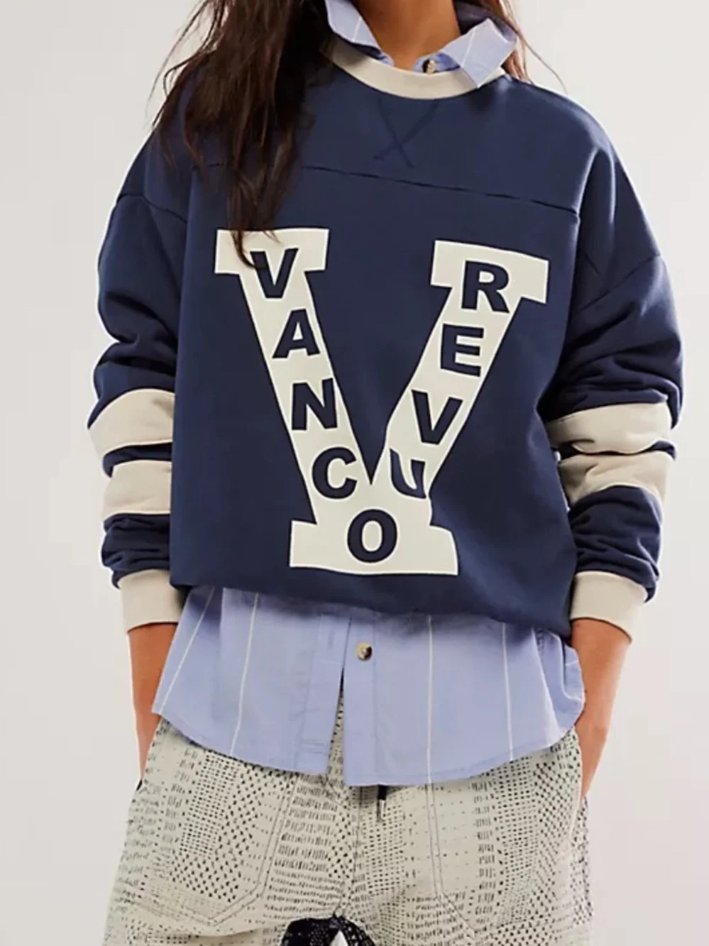 Free People Falling Forward Vancouver Hockey Crewneck Small Blue Varsity